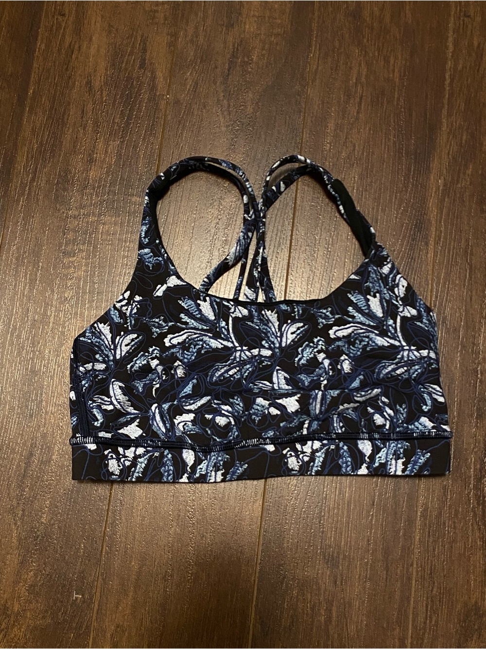 lululemon athletica Black Floral Strappy Sports Bra with Blue Accents